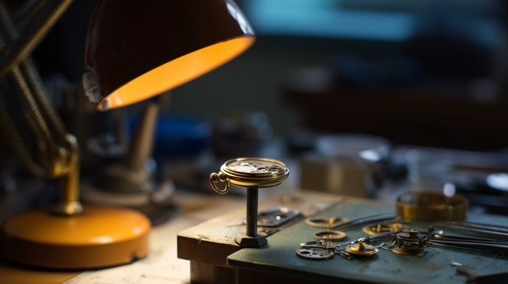 Dissassembled pocket watch beneath task light, small parts ready for reassembly nearby.
